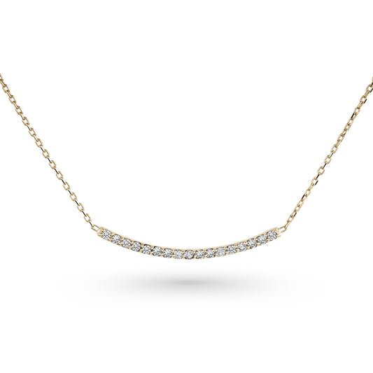 Minimalist curved bar necklace set with diamonds or emeralds in 14k gold