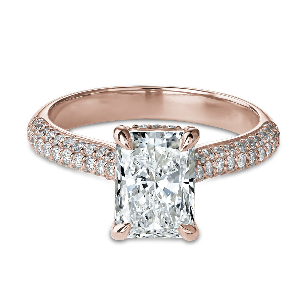 14k Gold Ring with 2 Carat Emerald Diamond – Triple Row Pave & Brilliant Under Halo