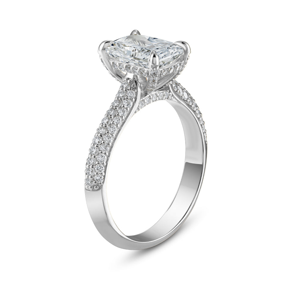 14k Gold Ring with 2 Carat Emerald Diamond – Triple Row Pave & Brilliant Under Halo