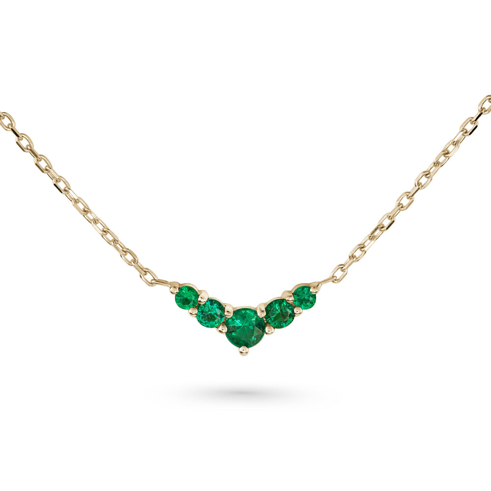 V necklace set in a gradient of diamonds or emeralds in 14k gold