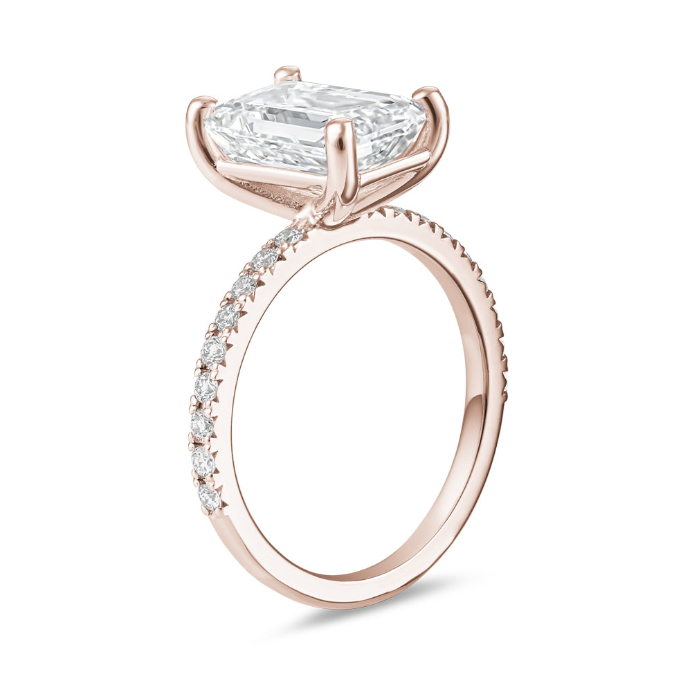 3 Ct Emerald Cut Diamond Ring with Pave Diamonds in 14k Gold