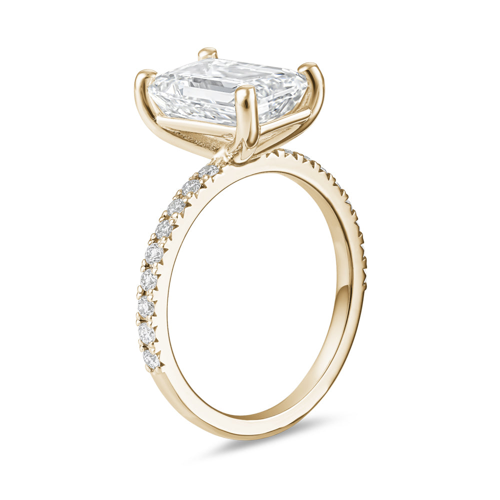 3 Ct Emerald Cut Diamond Ring with Pave Diamonds in 14k Gold
