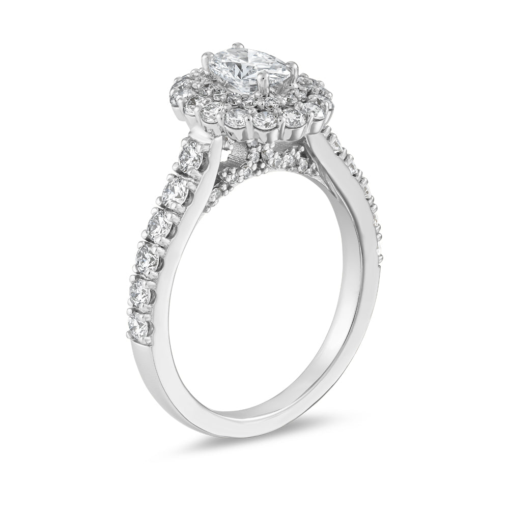 Double Halo Ring with 0.45 Ct Oval Center Diamond