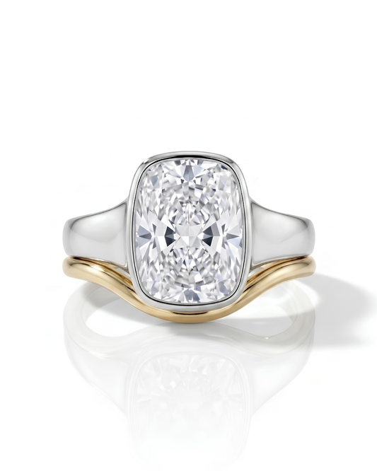 Ensemble de bagues de fiançailles en or 14K – Diamant Cushion 2 ct & Alliance ondulée assortie