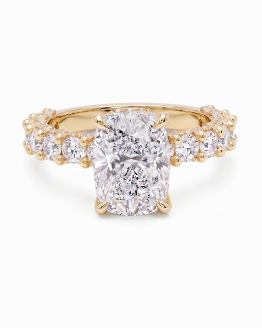 14k Gold Ring with 2 Carat Emerald Diamond – Triple Row Pave &amp; Brilliant Under Halo