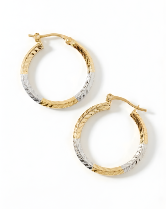 Boucles d’oreilles Créoles Bicolores en Or 10K – Finition Ciselée et Brillante