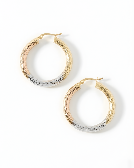 Boucles d’oreilles Créoles Tricolores en Or 10K – Éclat Diamanté Intégral