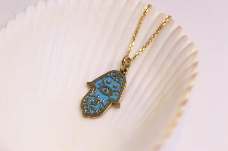 AYA | Collier main de Fatima en or  / pendentif khomssa bleu en or jaune 10k