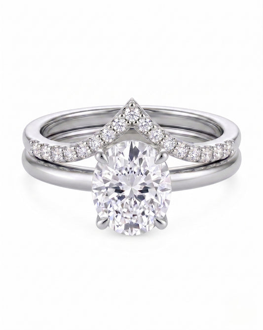 Ensemble Bague de Fiançailles en or 14 K - Solitaire 2 ct avec Halo Pavé et Matching Band Chevron en Diamants de Laboratoire