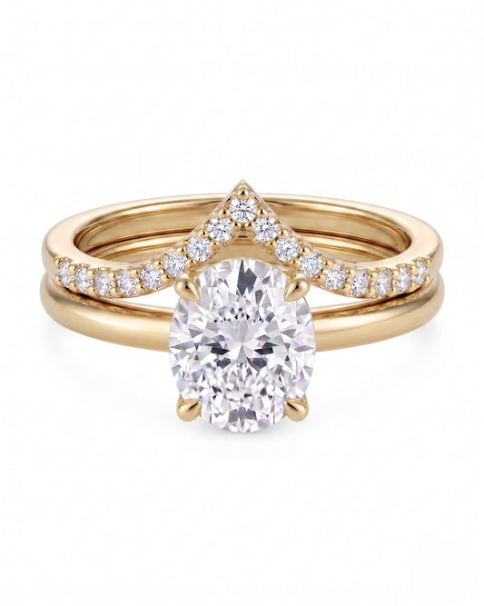 Ensemble Bague de Fiançailles en or 14 K - Solitaire 2 ct avec Halo Pavé et Matching Band Chevron en Diamants de Laboratoire