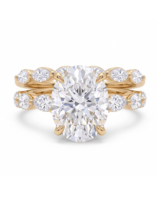 Ensemble Bague de Fiançailles en or 18 K - Solitaire 3 ct avec Pierres Latérales Marquises et Matching Band Assorti