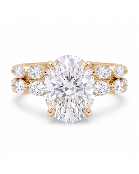 Ensemble Bague de Fiançailles en or 18 K - Solitaire 3 ct avec Pierres Latérales Marquises et Matching Band Assorti