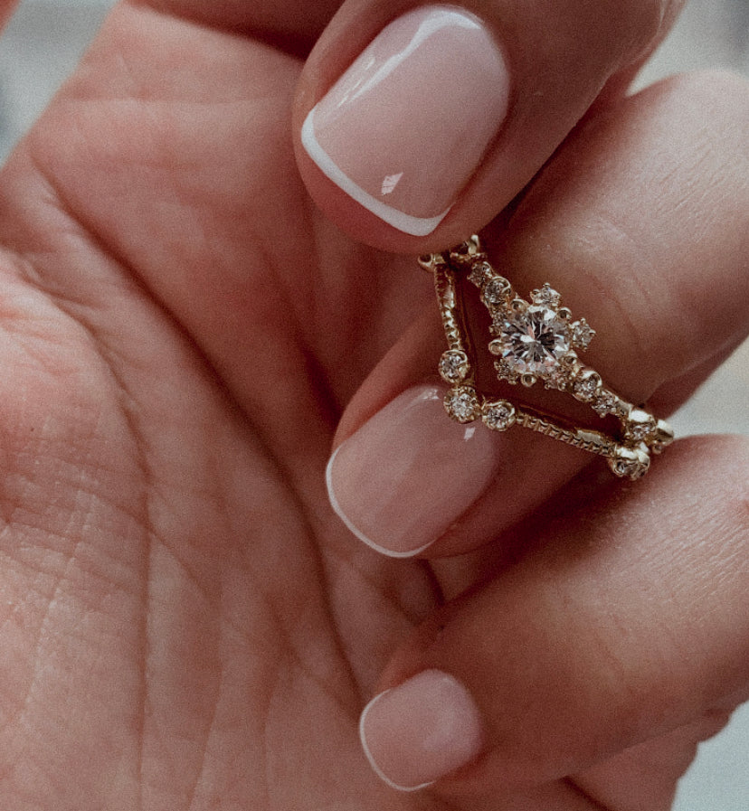 Ensemble de Fiançailles et Mariage Vintage en Or 14k- Alliance chevron