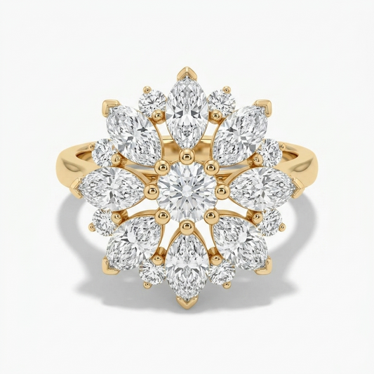 Élégant Ensemble Floral en Diamants Lab 1.10 ct avec Alliance Semi Eternity en Or Jaune 14K