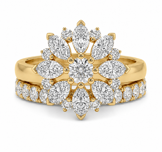 Élégant Ensemble Floral en Diamants Lab 1.10 ct avec Alliance Semi Eternity en Or Jaune 14K