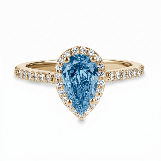 Bague avec Diamant Central Fancy Vivid Pink Blue VS1 Coupe Poire et Halo Pavé de Diamants