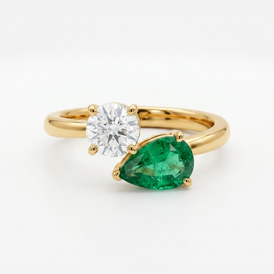 Bague Toi et Moi avec Émeraude Naturelle et Diamant Lab