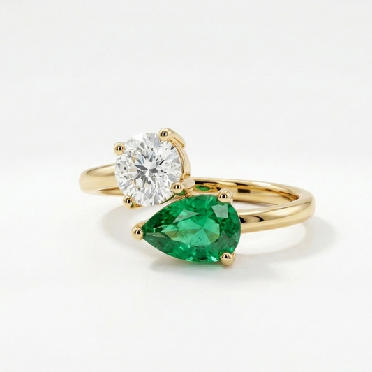 Bague Toi et Moi avec Émeraude Naturelle et Diamant Lab