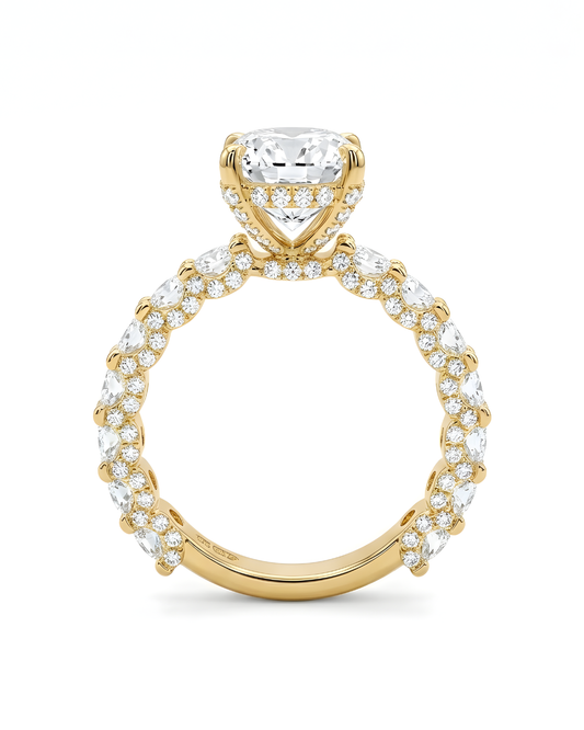 14k Gold Ring with 2 Carat Emerald Diamond – Triple Row Pave &amp; Brilliant Under Halo