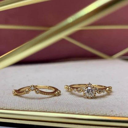 Ensemble de Fiançailles et Mariage Vintage en Or 14k- Alliance chevron